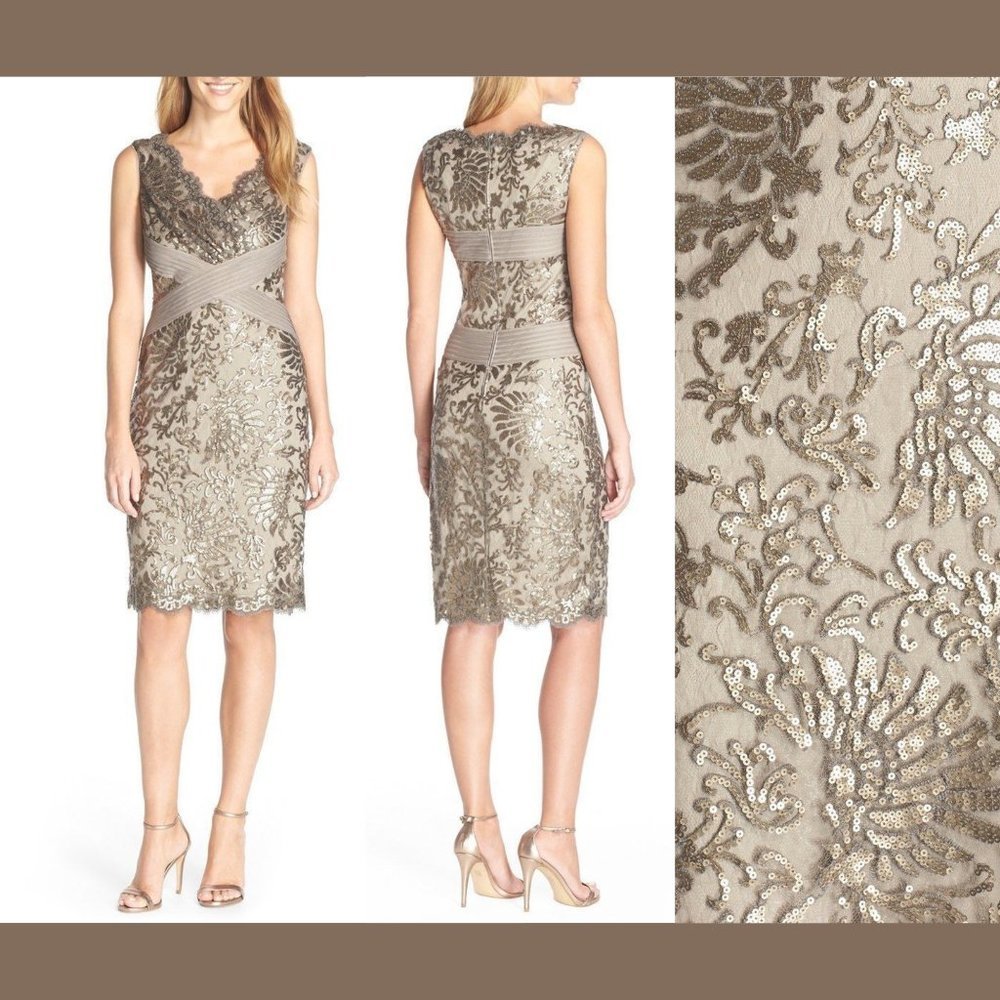 NEW Tadashi Shoji Sequin Lace Sheath‎ Dress Smoked Pearl [ SZ 14 ]